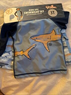 V-Skinz Blue & Navy Shark Kids 3-Piece Swim Rashguard Set - 3T